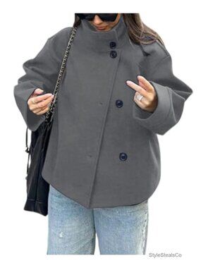 Women's Wool Blend Crop Pea Coat Single Breasted Loose Fit